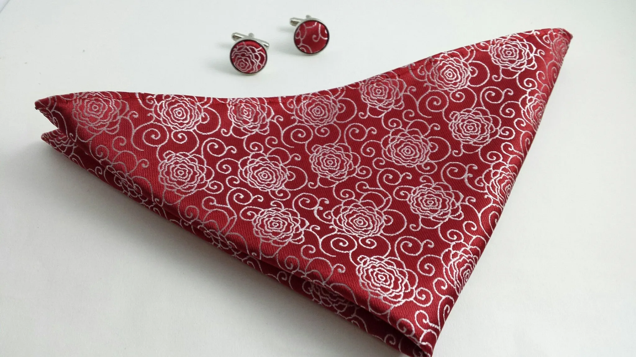 Red Floral Tie, Pocket Square and Cufflink Set