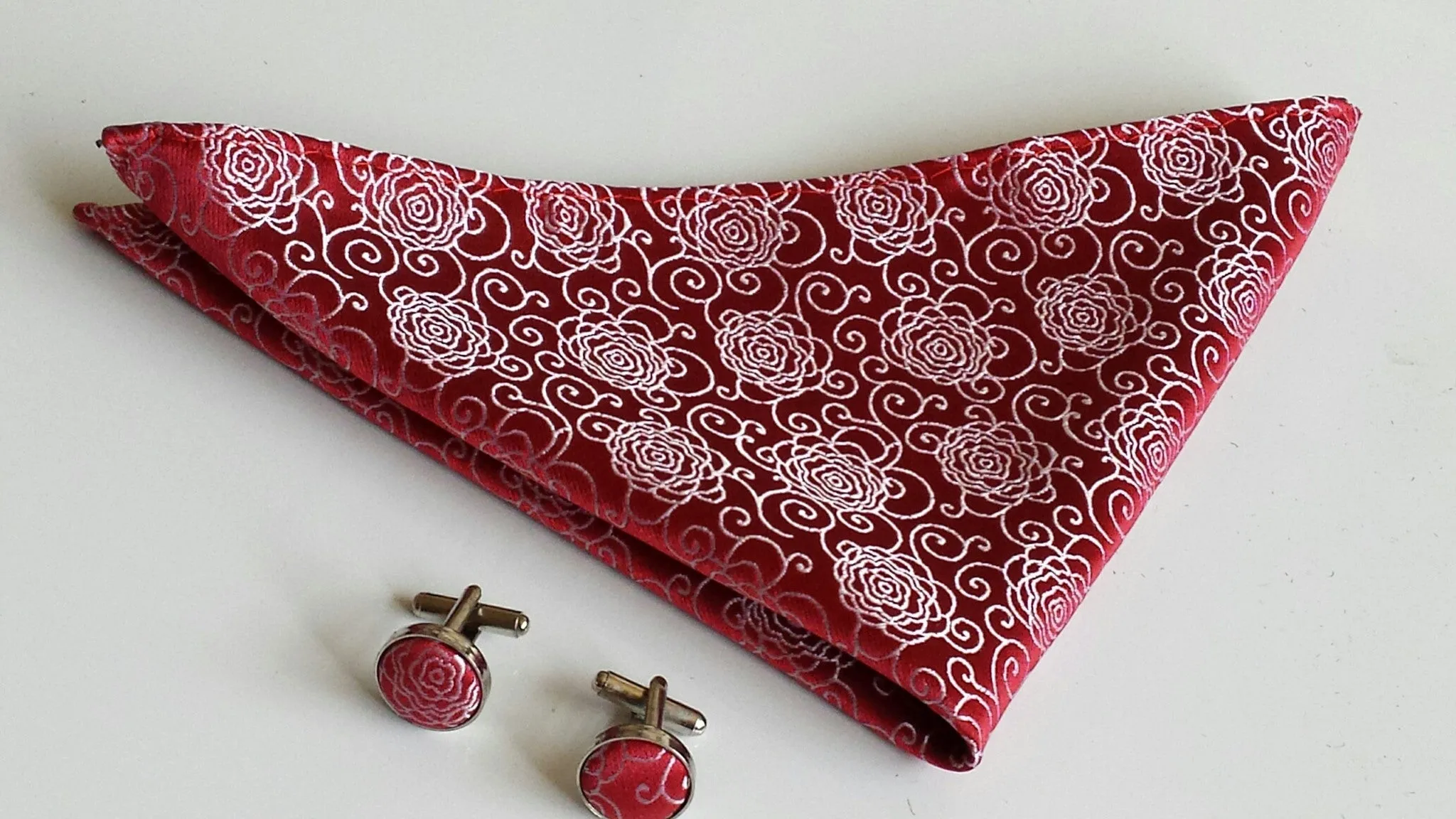 Red Floral Tie, Pocket Square and Cufflink Set