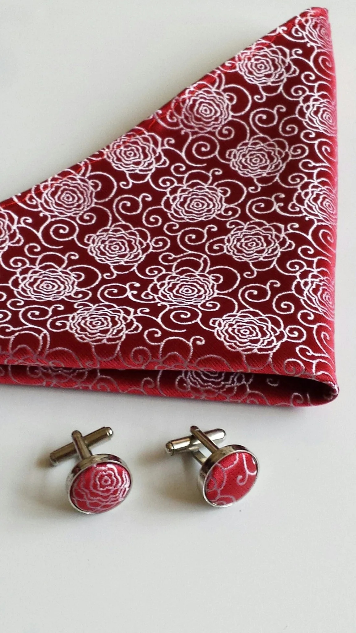 Red Floral Tie, Pocket Square and Cufflink Set