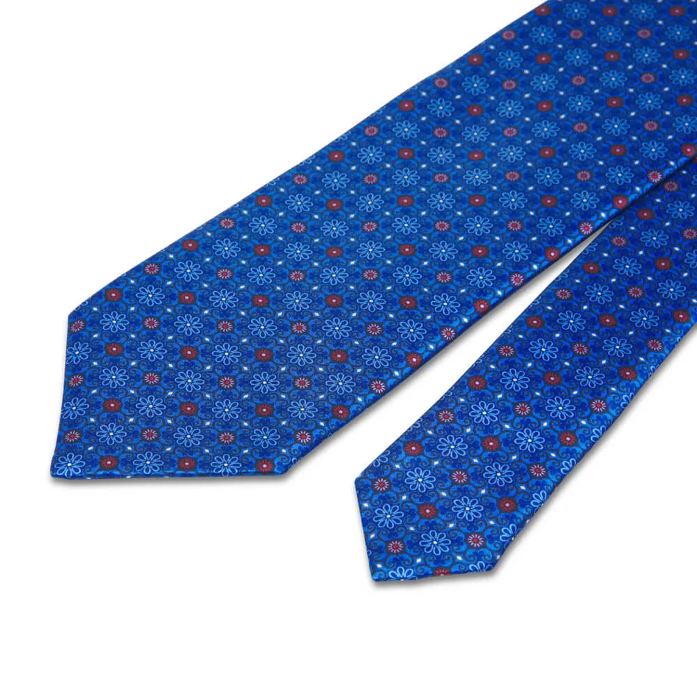 Renaissance Flowers Royal Blue and Red Duchesse Silk Tie