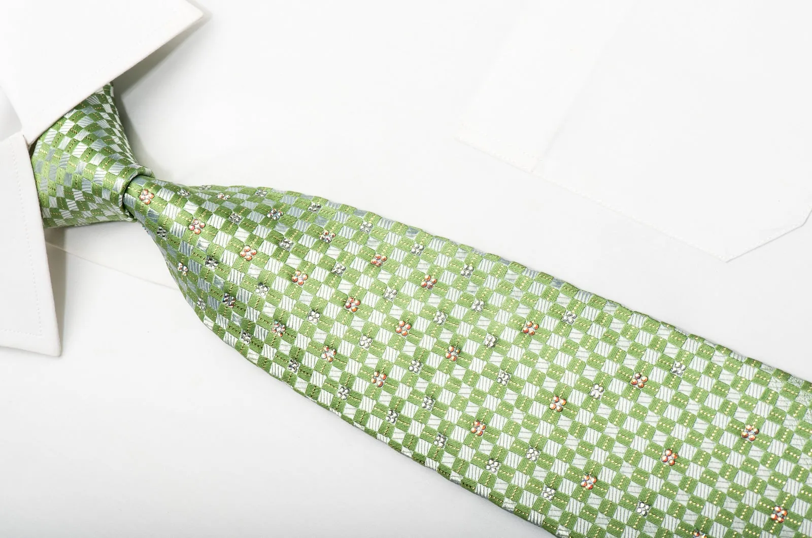 Renoma Mens Silk Necktie Green Silver Checkered Sparkling With Crystal Rhinestones