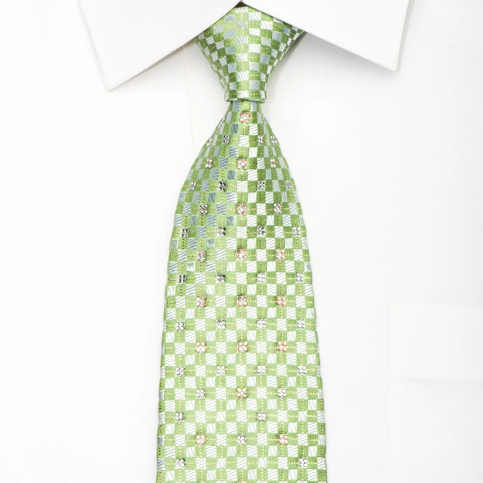 Renoma Mens Silk Necktie Green Silver Checkered Sparkling With Crystal Rhinestones