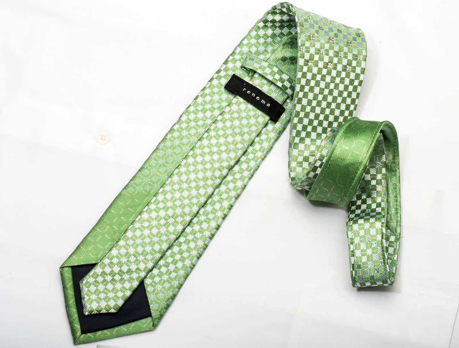 Renoma Mens Silk Necktie Green Silver Checkered Sparkling With Crystal Rhinestones