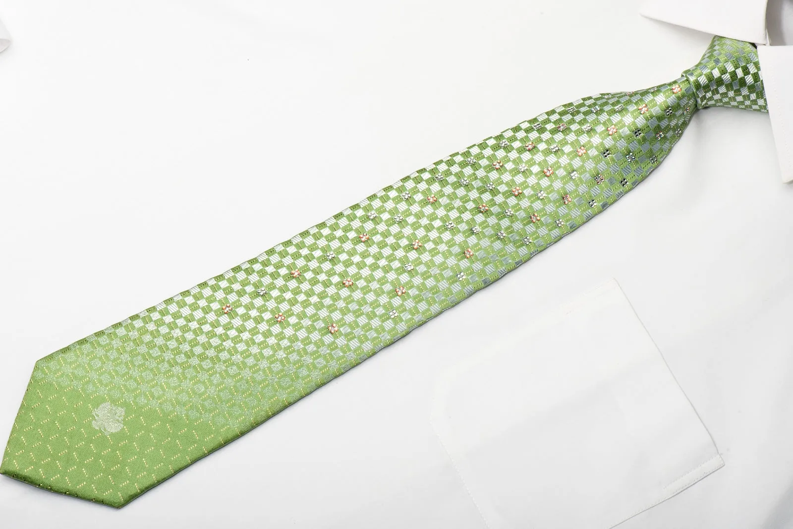 Renoma Mens Silk Necktie Green Silver Checkered Sparkling With Crystal Rhinestones