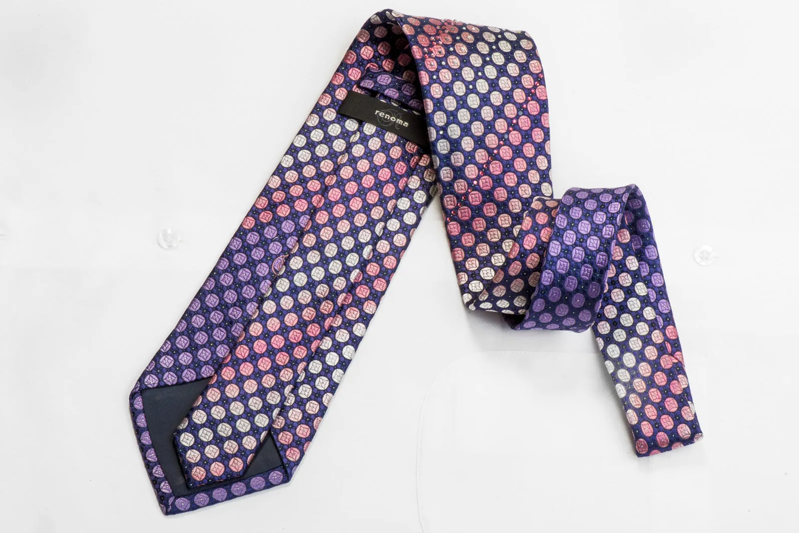 Renoma Rhinestone Silk Tie Purple Geometric Dots On Navy With Sparkles