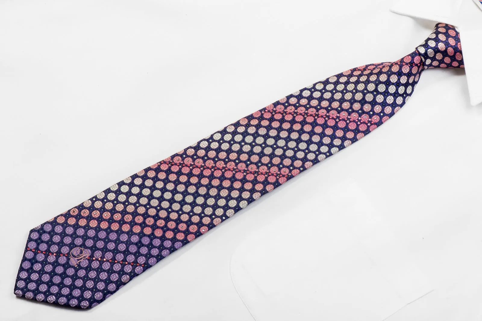 Renoma Rhinestone Silk Tie Purple Geometric Dots On Navy With Sparkles