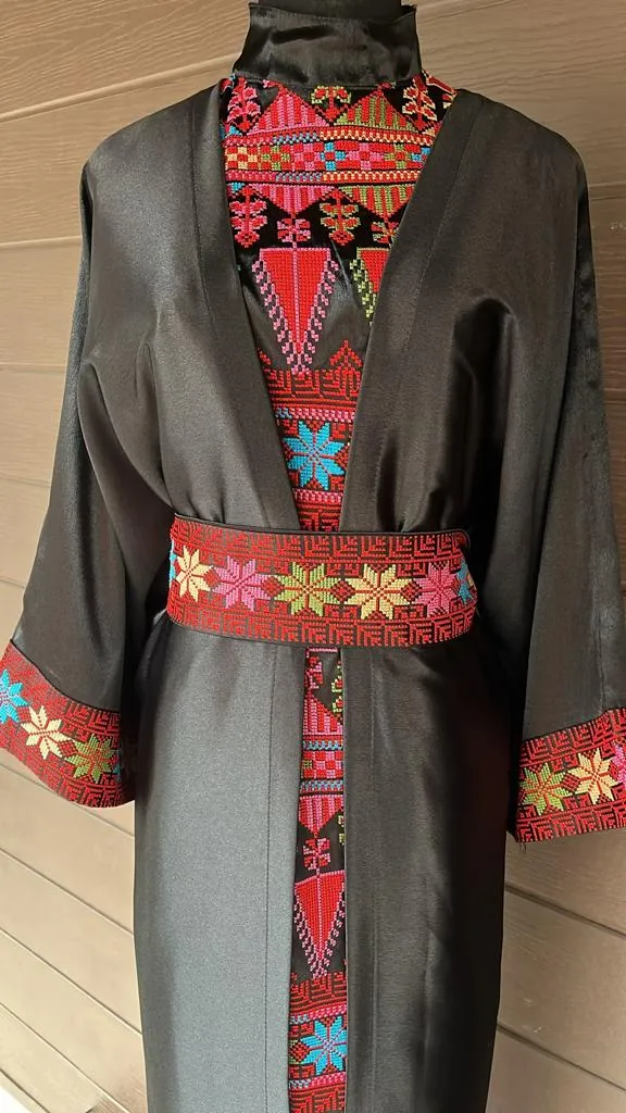 Royal Black Embroidered Dress and Abaya Set with Red Blue and Colored Embroidery