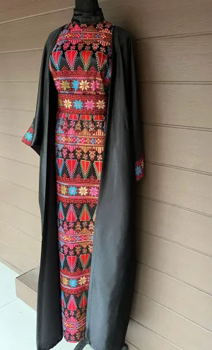 Royal Black Embroidered Dress and Abaya Set with Red Blue and Colored Embroidery