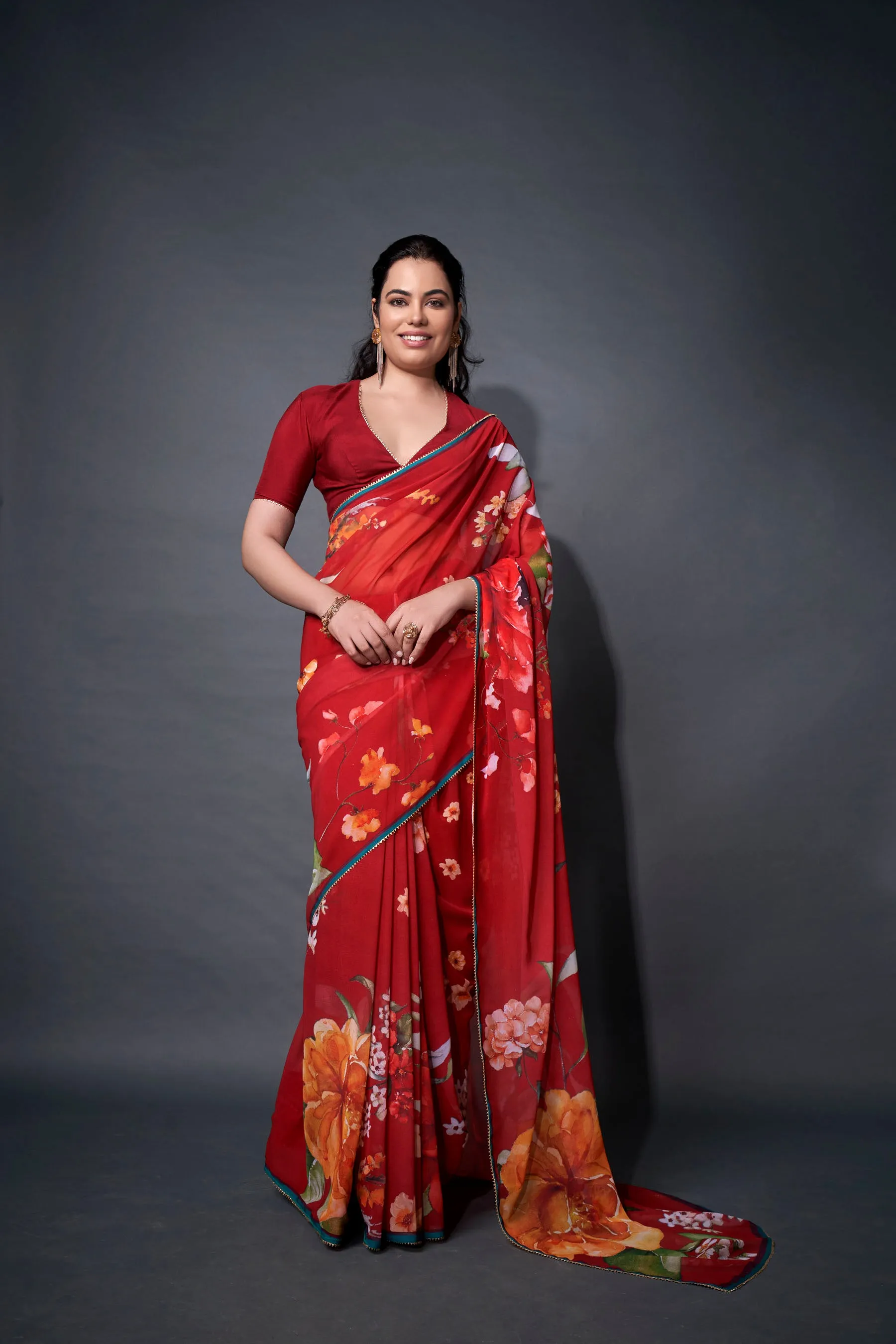 Salsa Red Floral Printed Georgette Saree With Samosa Lace