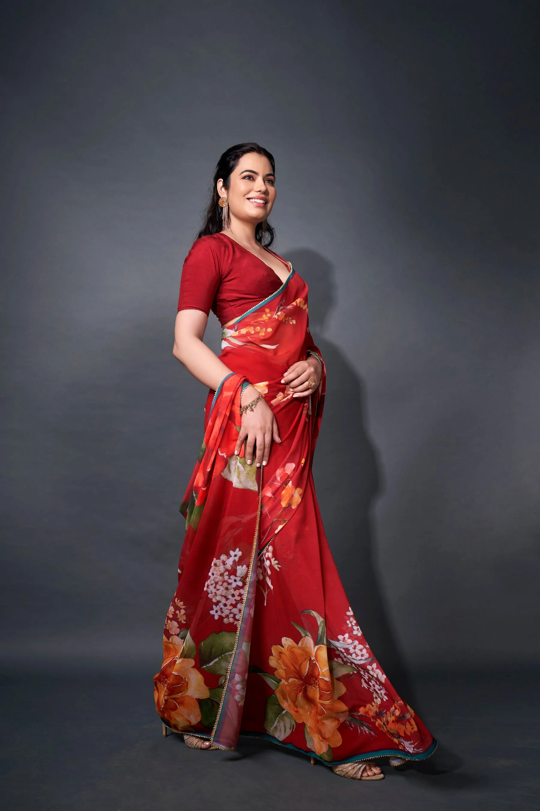 Salsa Red Floral Printed Georgette Saree With Samosa Lace