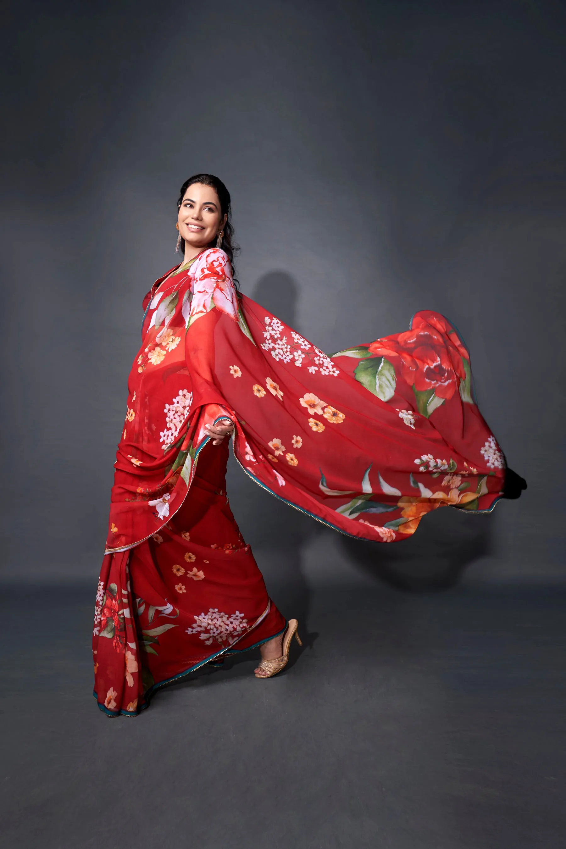 Salsa Red Floral Printed Georgette Saree With Samosa Lace