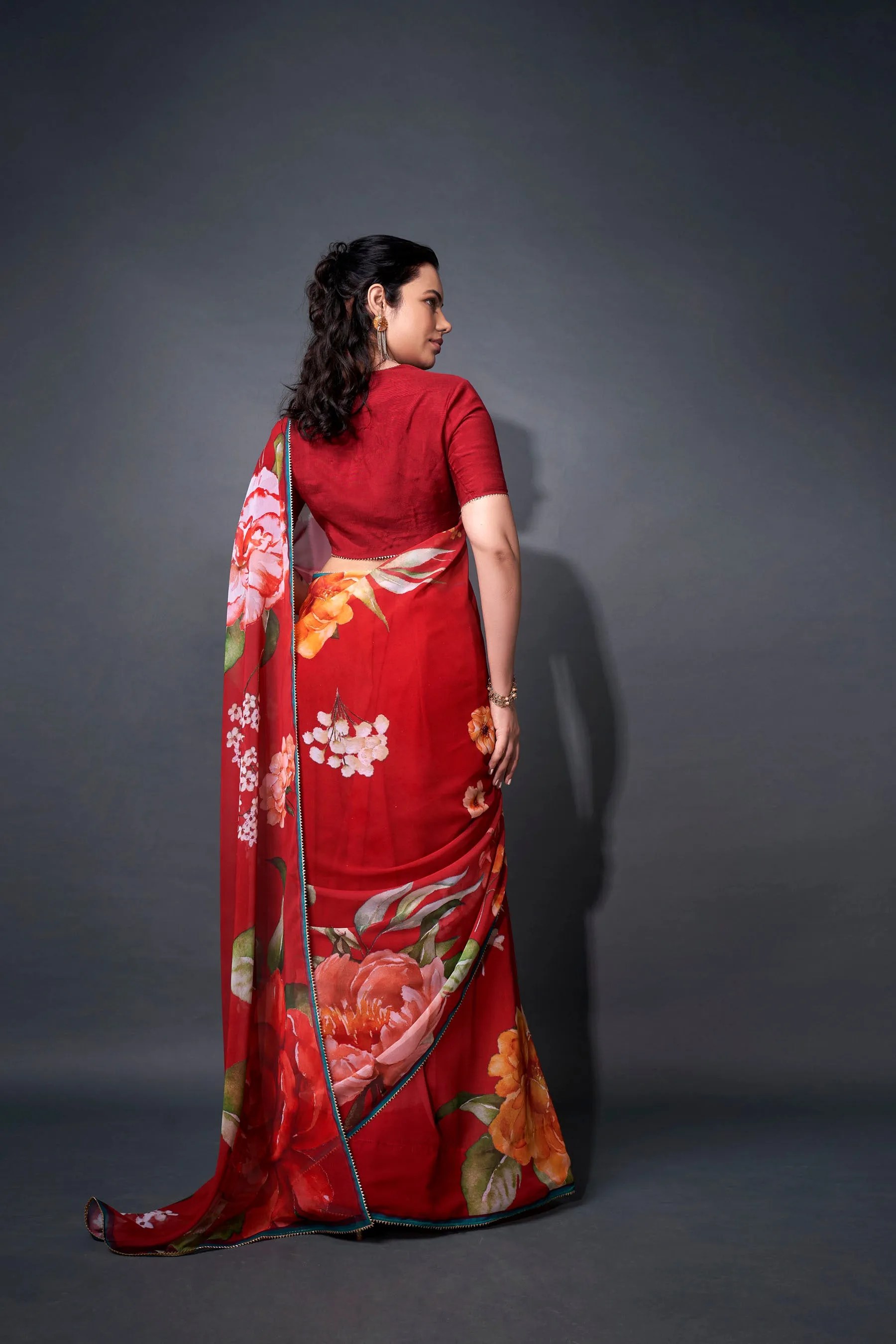 Salsa Red Floral Printed Georgette Saree With Samosa Lace