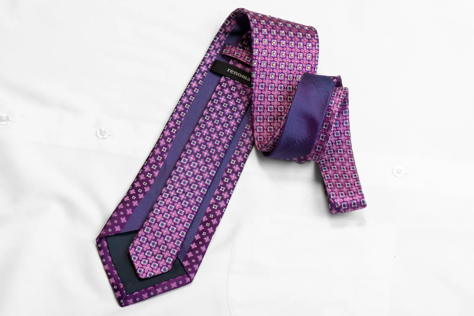 Silk Necktie Geometric Pattern On Purple With Rhinestones