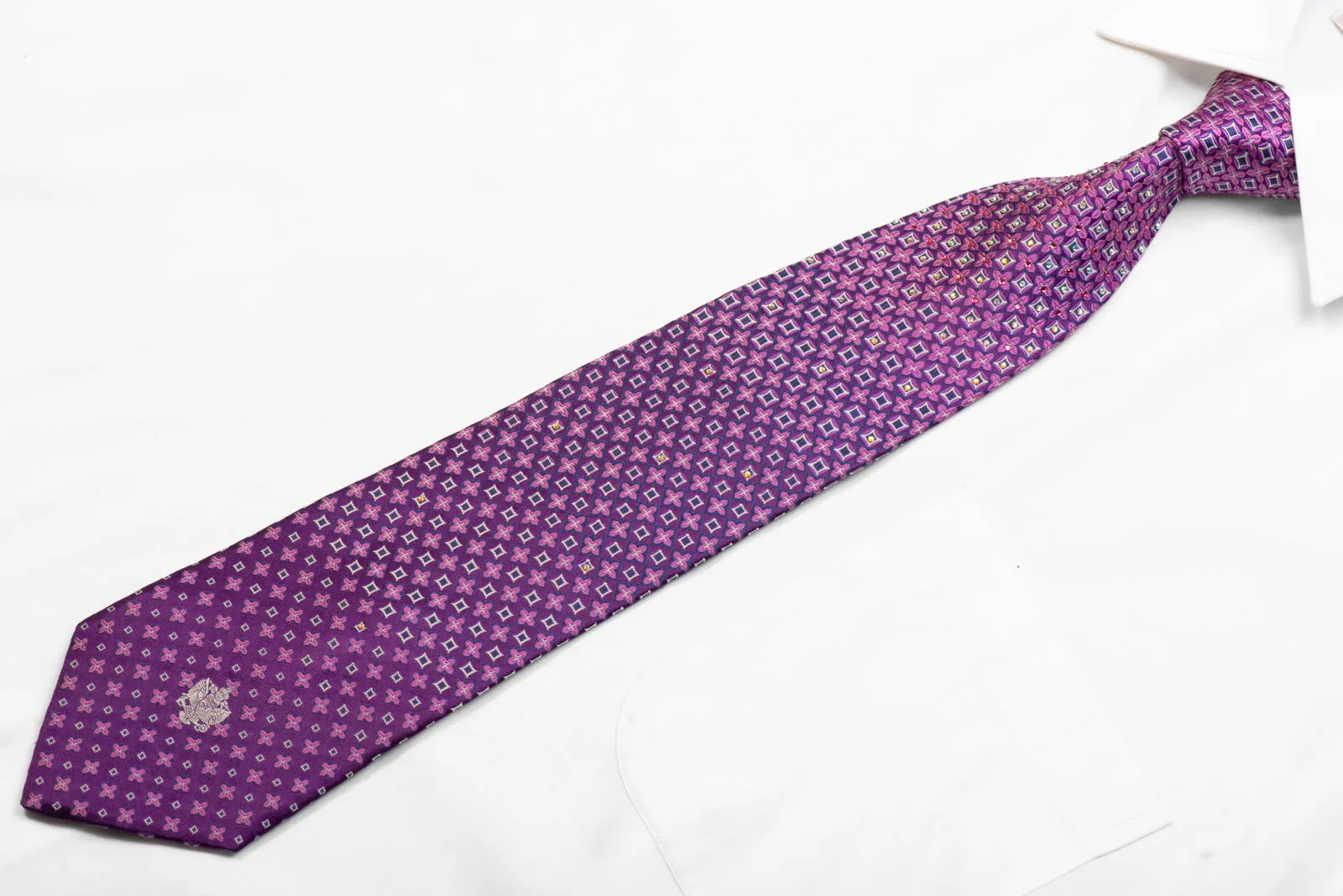 Silk Necktie Geometric Pattern On Purple With Rhinestones