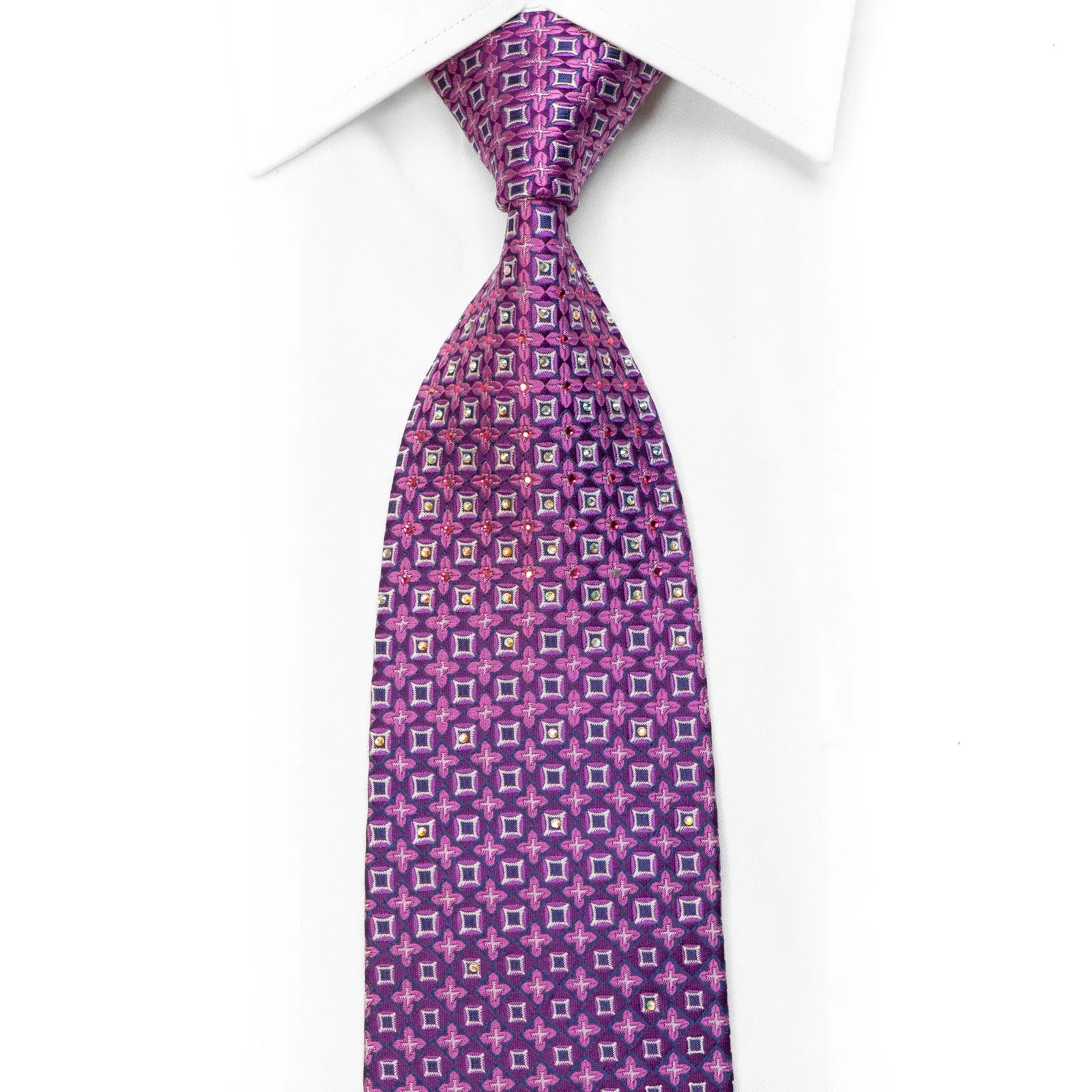 Silk Necktie Geometric Pattern On Purple With Rhinestones