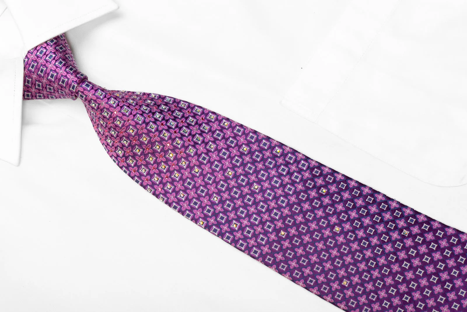 Silk Necktie Geometric Pattern On Purple With Rhinestones