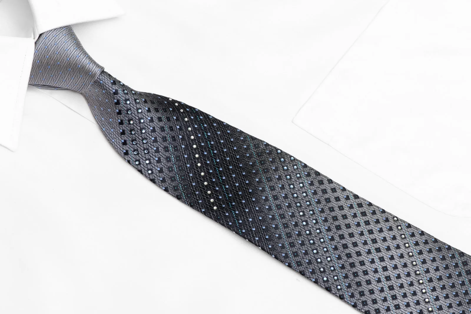 Silver Black Blue Geometric Rhinestone Silk Tie With Blue Sparkles