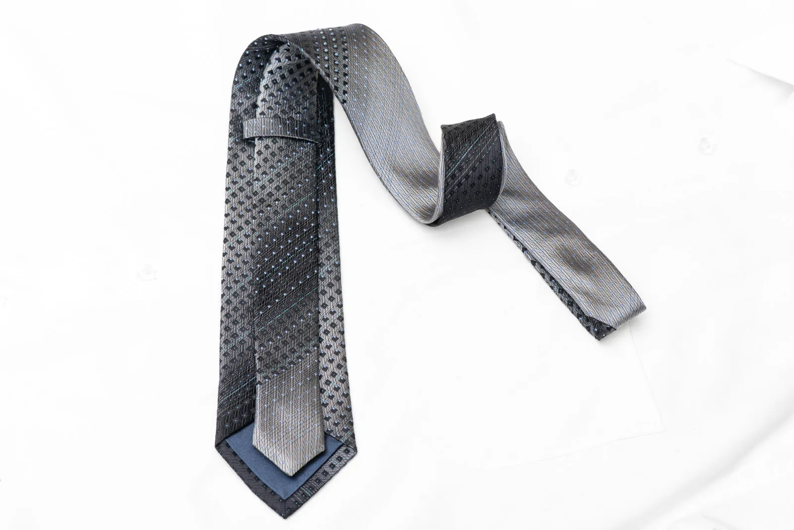 Silver Black Blue Geometric Rhinestone Silk Tie With Blue Sparkles