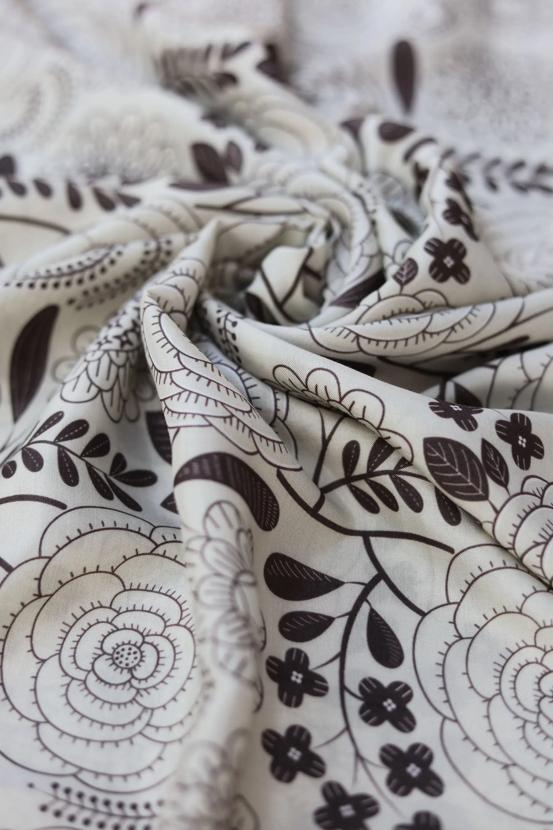 Silver Brown Floral Printed Natural Muslin Silk Fabric