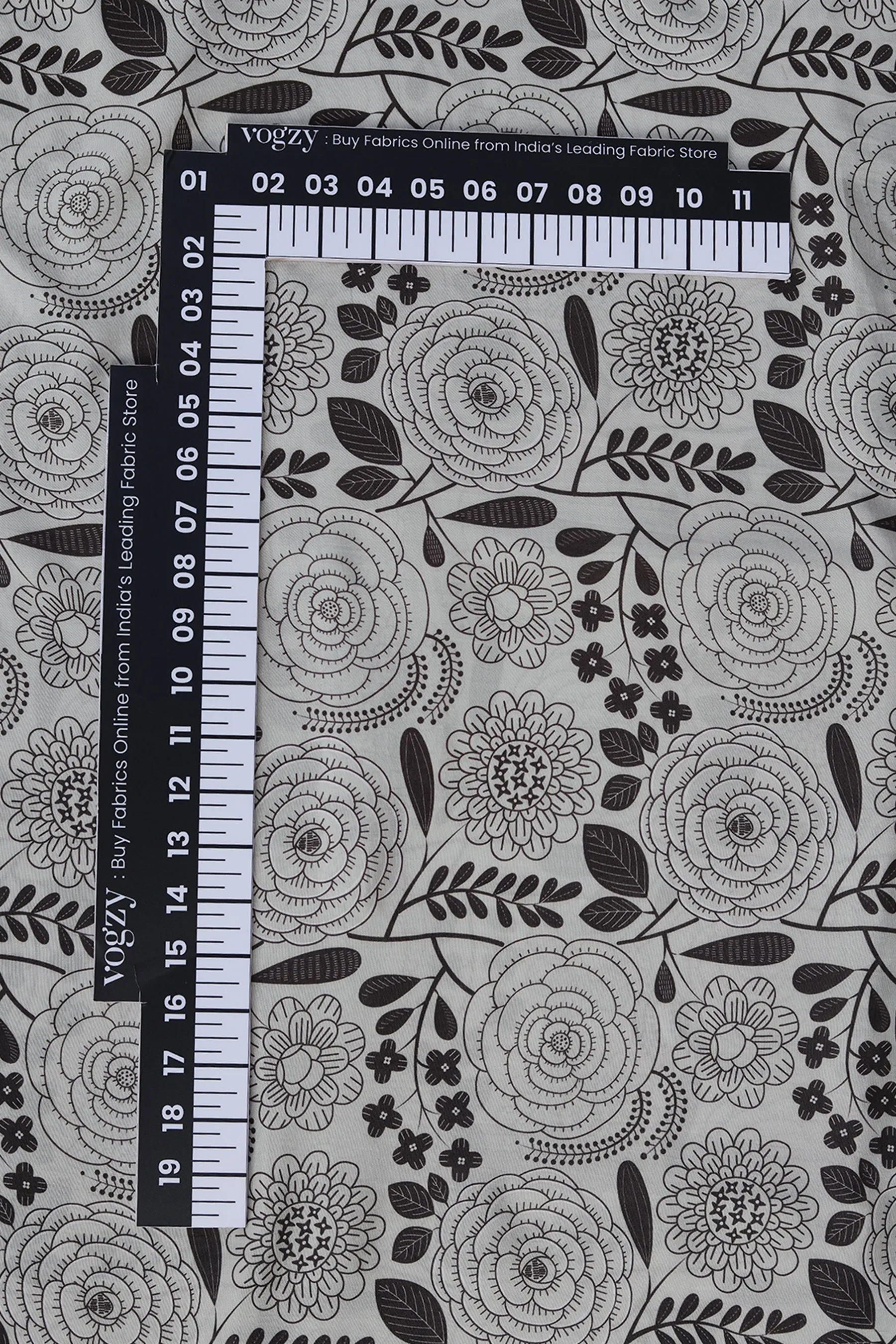 Silver Brown Floral Printed Natural Muslin Silk Fabric