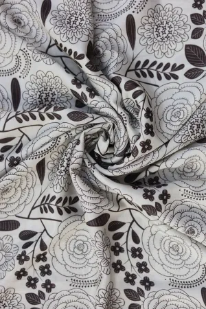 Silver Brown Floral Printed Natural Muslin Silk Fabric