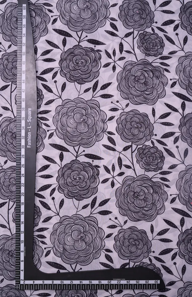 Silverish Black Outline Modern Floral Pattern Printed Georgette Fabric