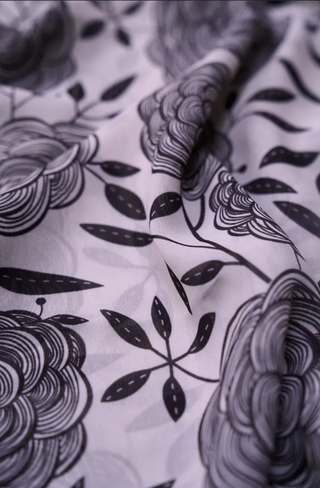 Silverish Black Outline Modern Floral Pattern Printed Georgette Fabric