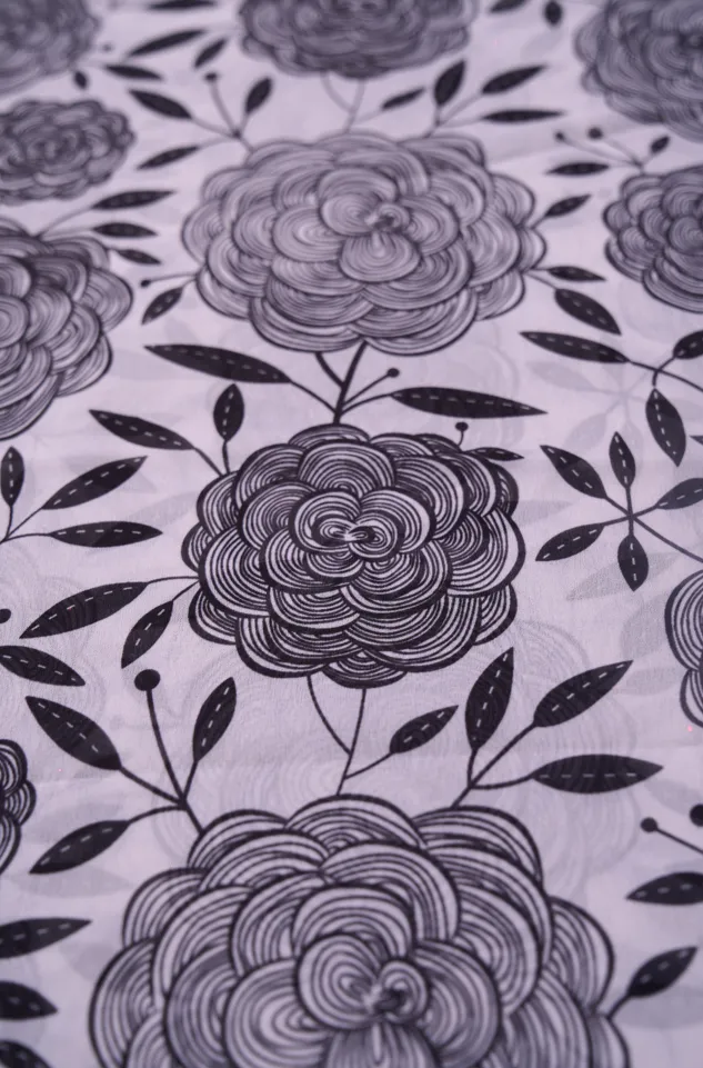 Silverish Black Outline Modern Floral Pattern Printed Georgette Fabric