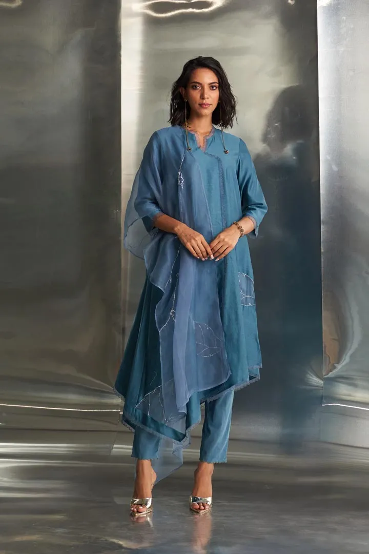 Steel Blue Chanderi Asymmetrical Kurta Set