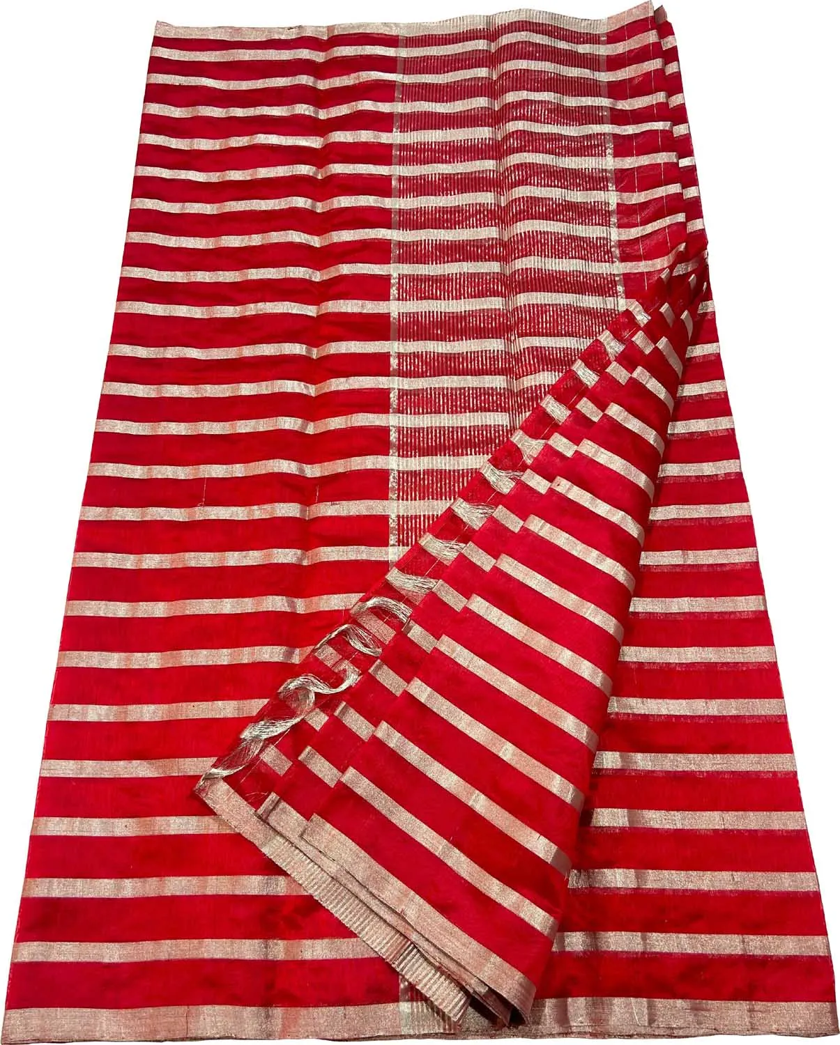 Stunning Red Chanderi Handloom Silk Stripes Design Saree