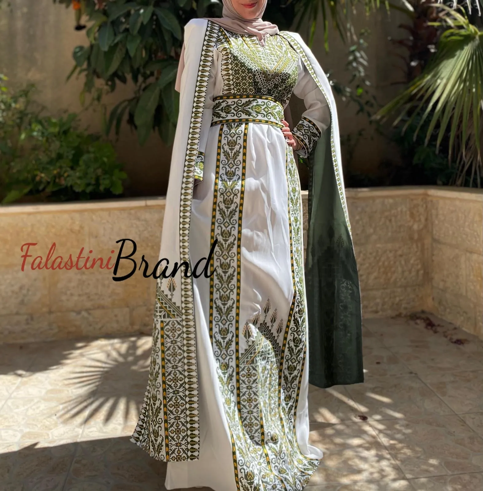 Stunning White And Olive Green Royal Sleeve Palestinian Embroidered Dress