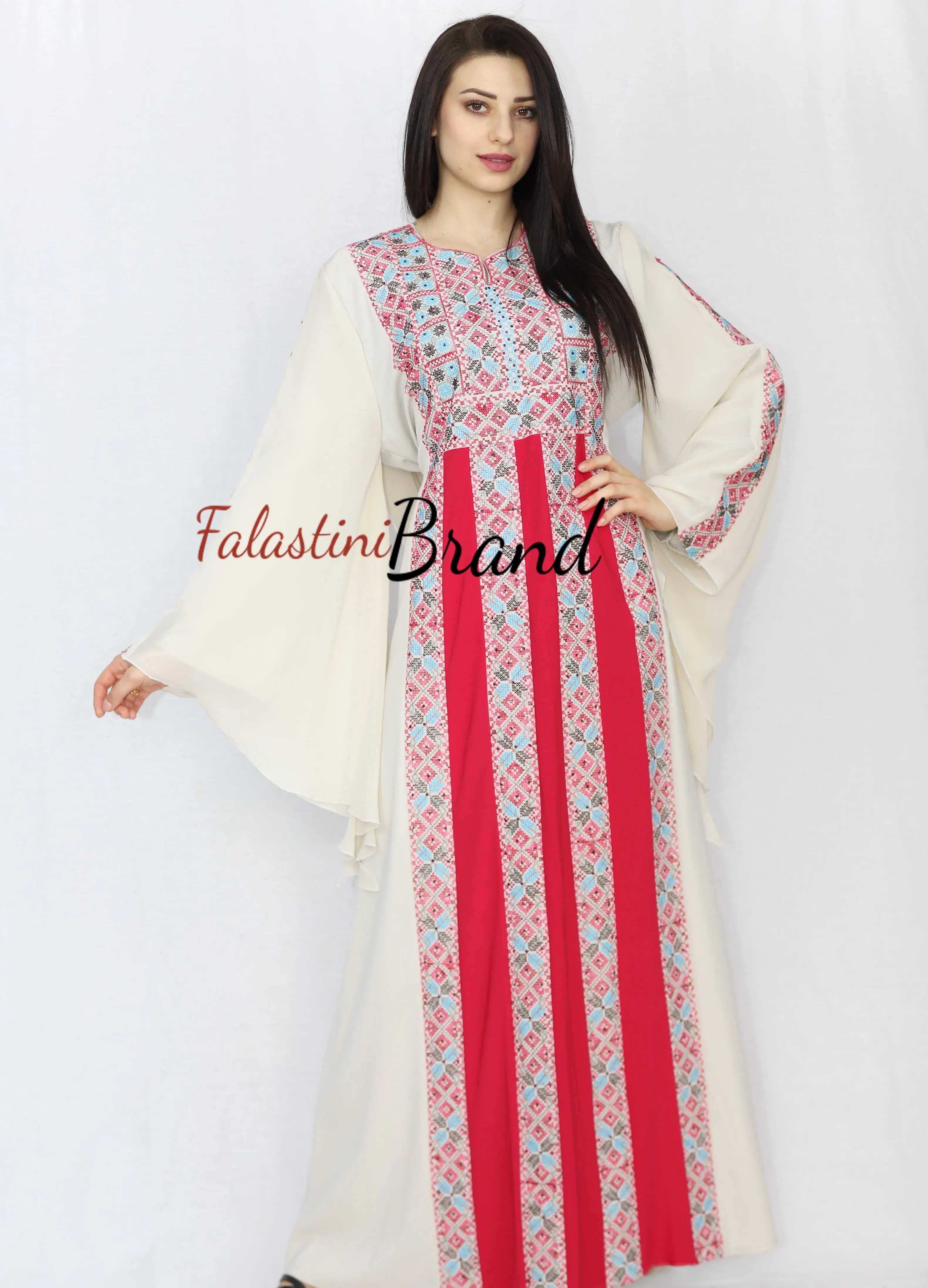 Stylish Cream Color Red Stripes Palestinian Embroidered Dress Thobe