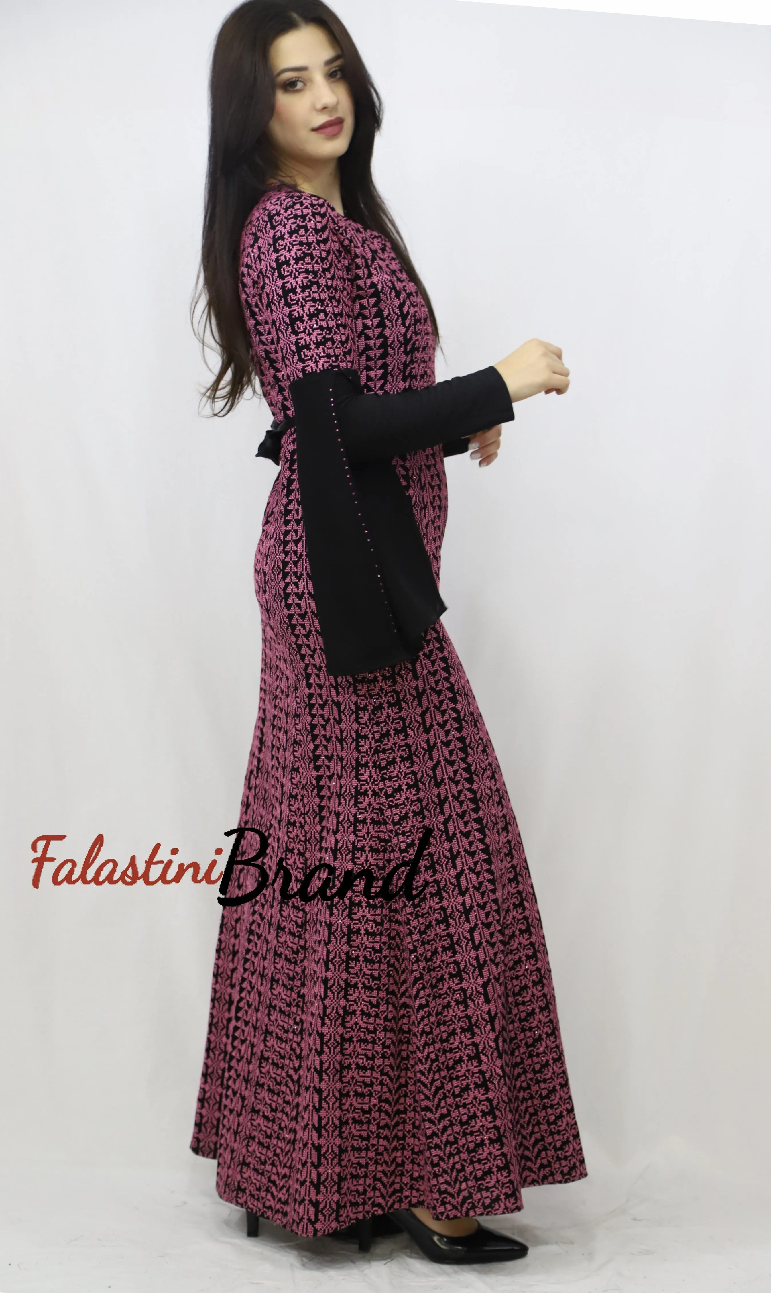 Stylish Fish Cut Black and Pink Palestinian Embroidered Dress