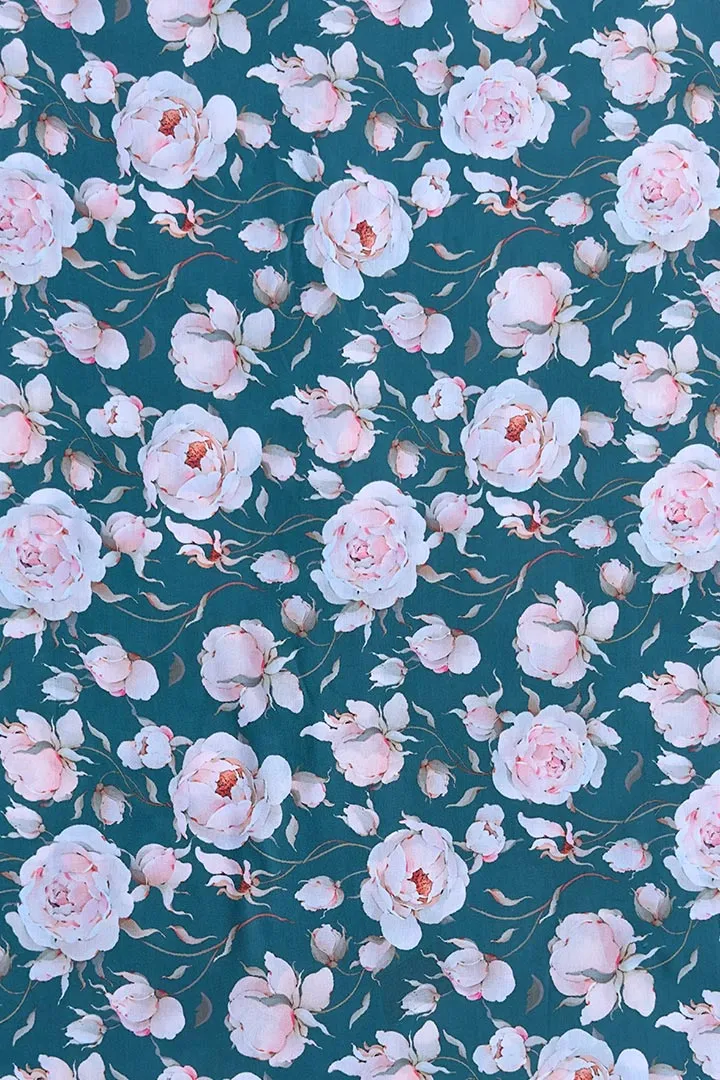 Teal Botanical Printed Muslin Fabric