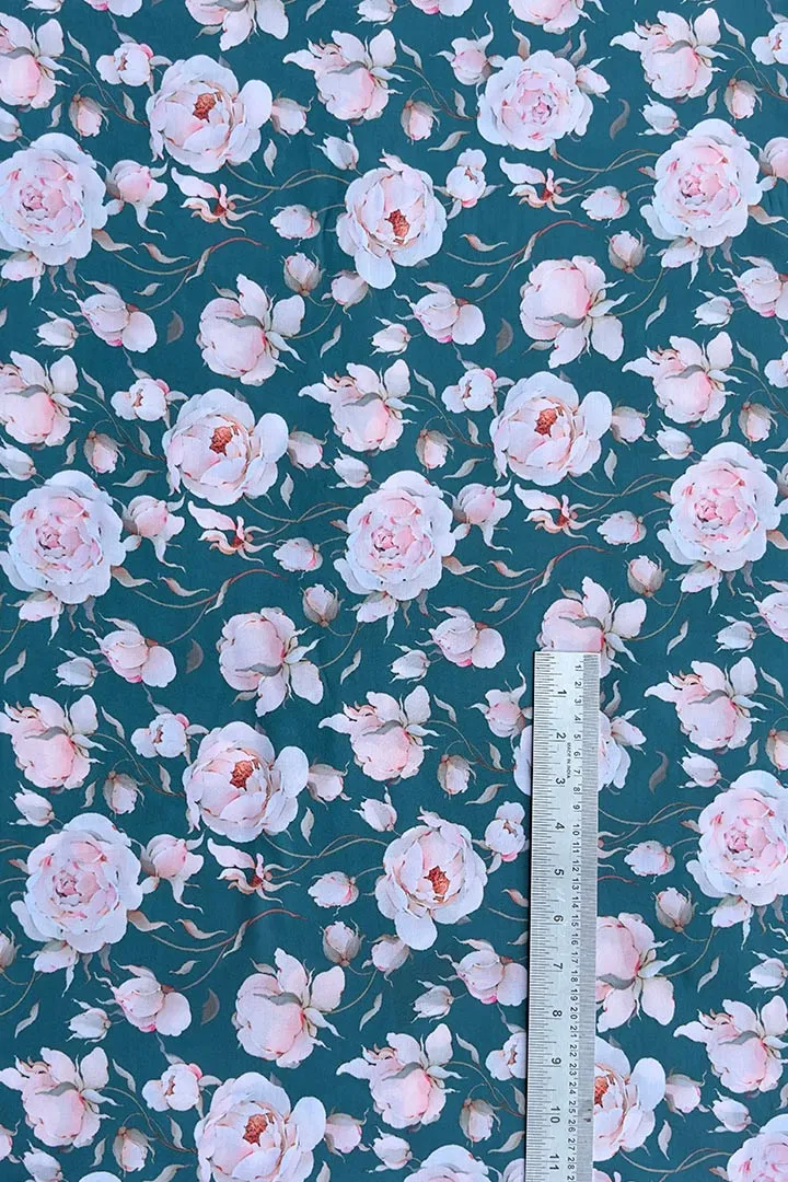 Teal Botanical Printed Muslin Fabric