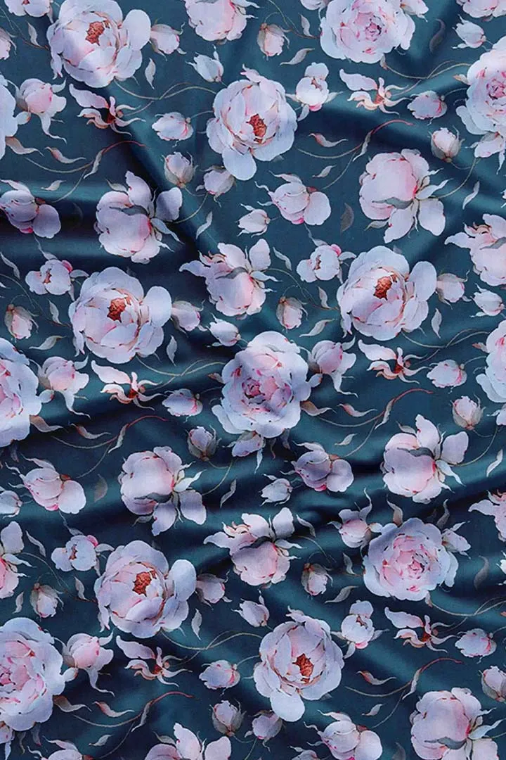 Teal Botanical Printed Muslin Fabric