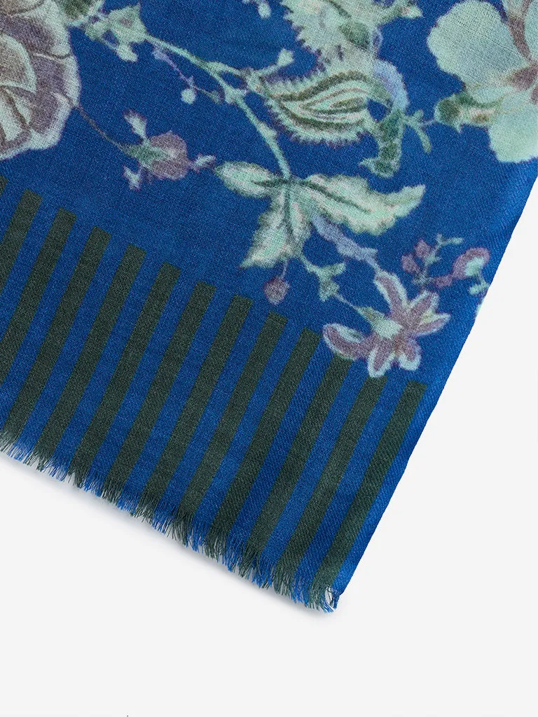 Utsa Blue Floral Printed Woollen Shawl