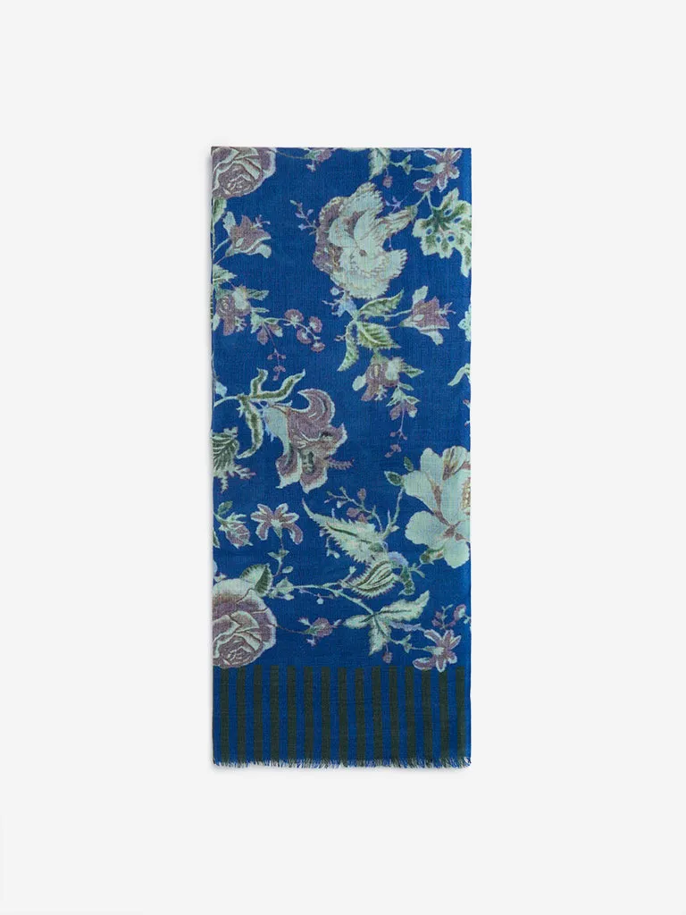 Utsa Blue Floral Printed Woollen Shawl