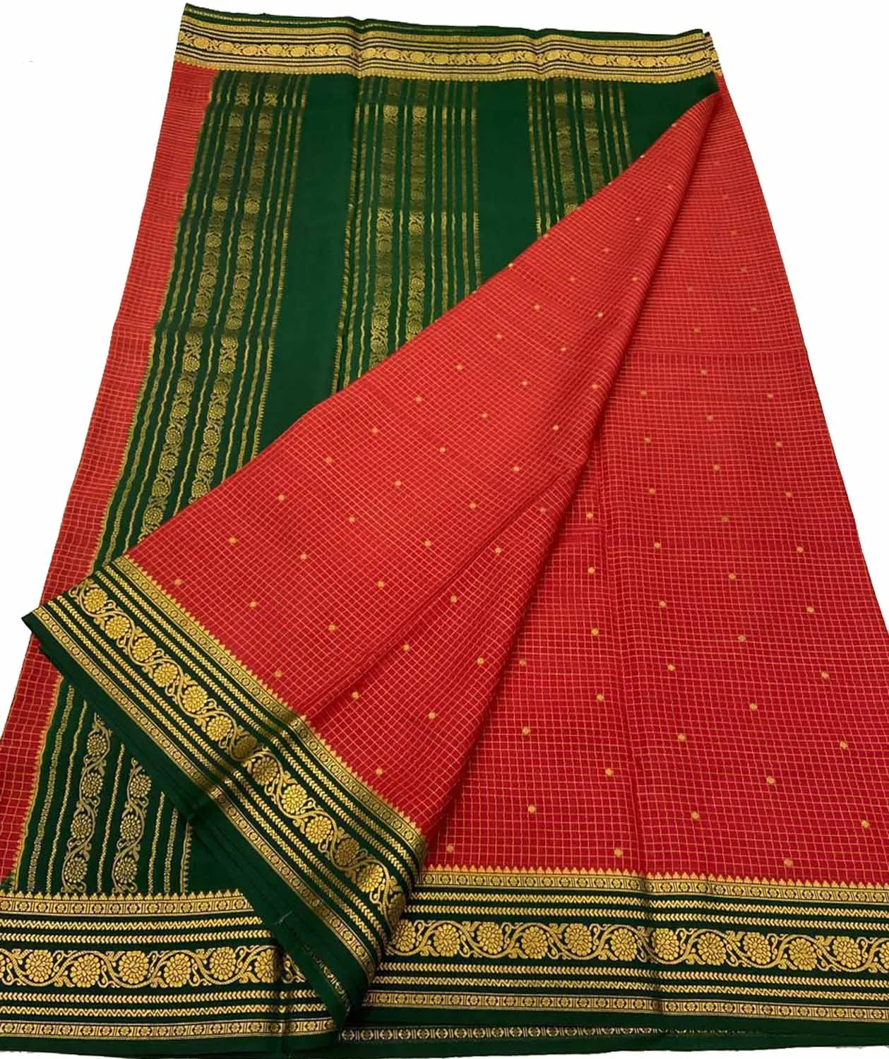 Vibrant Red & Green Mysore Handloom Crepe Silk Saree