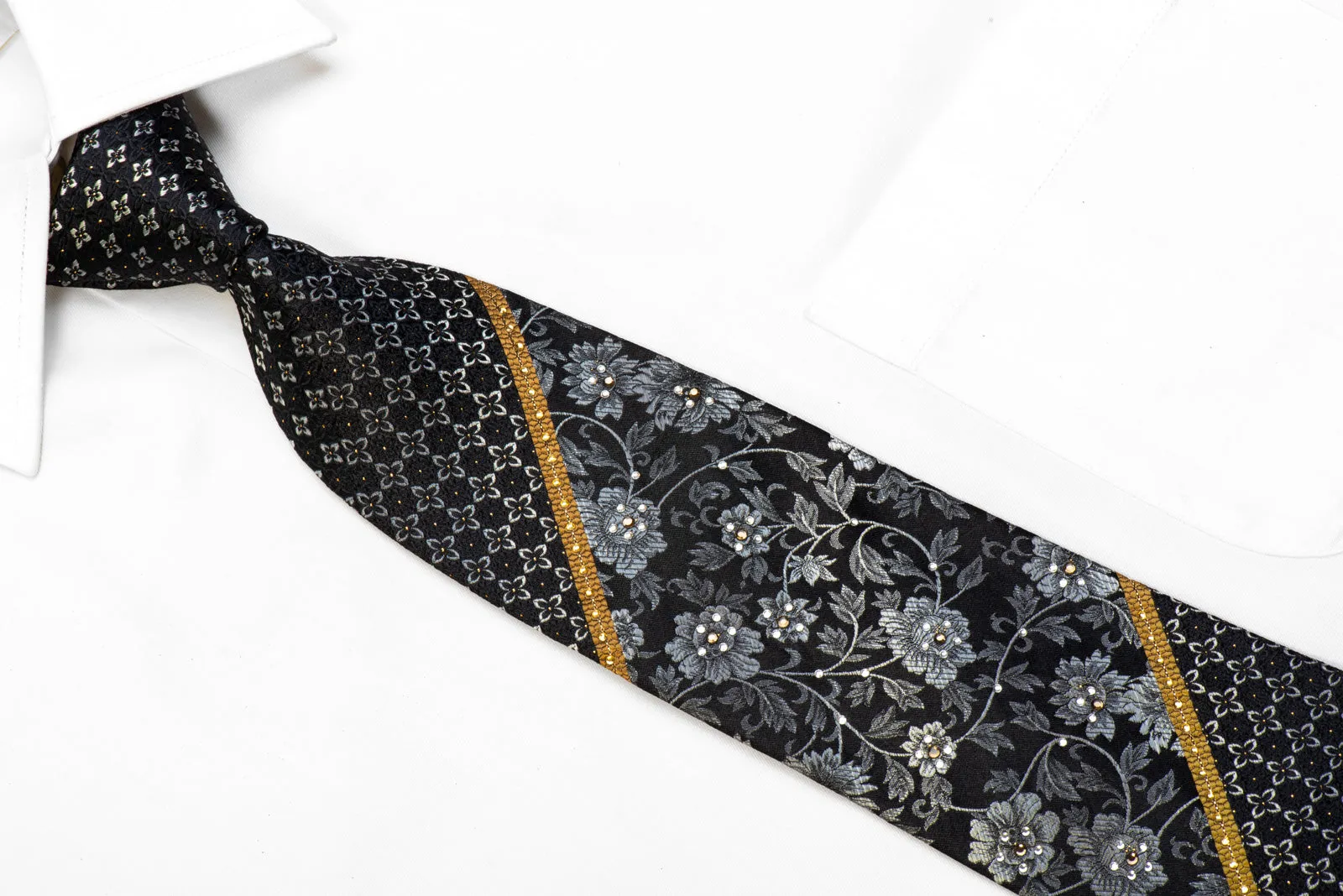 Vito Rufolo Crystal Rhinestone Silk Tie Silver Floral On Black With Gold Sparkles