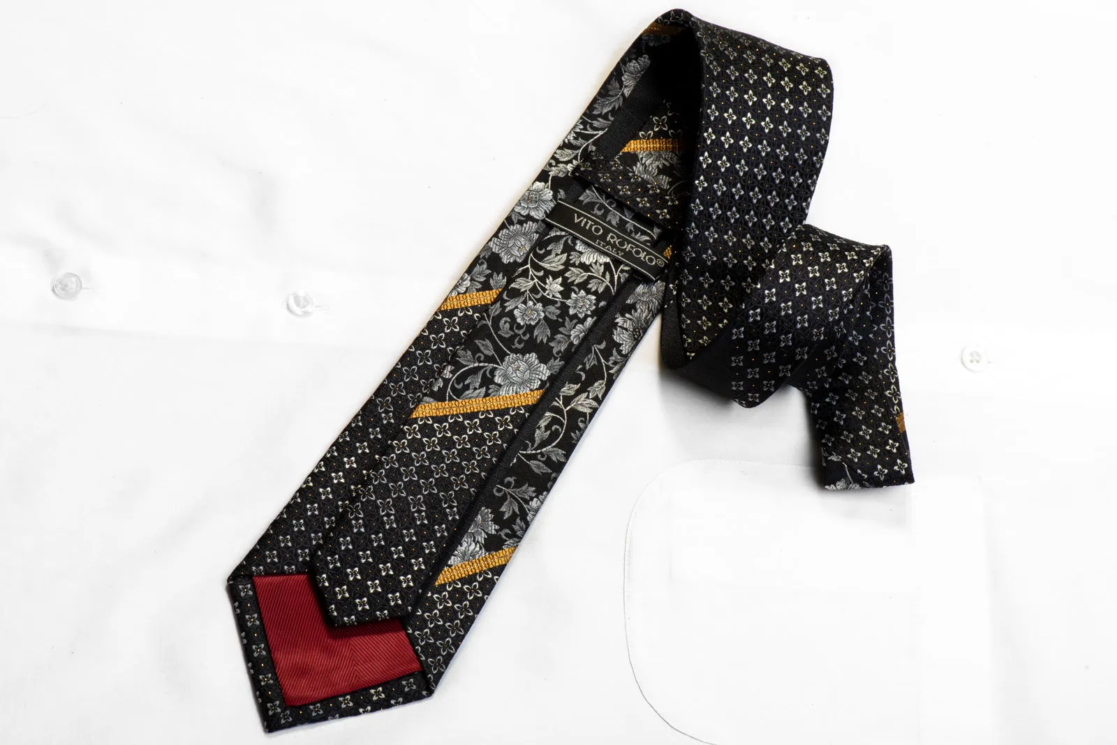 Vito Rufolo Crystal Rhinestone Silk Tie Silver Floral On Black With Gold Sparkles