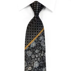 Vito Rufolo Crystal Rhinestone Silk Tie Silver Floral On Black With Gold Sparkles