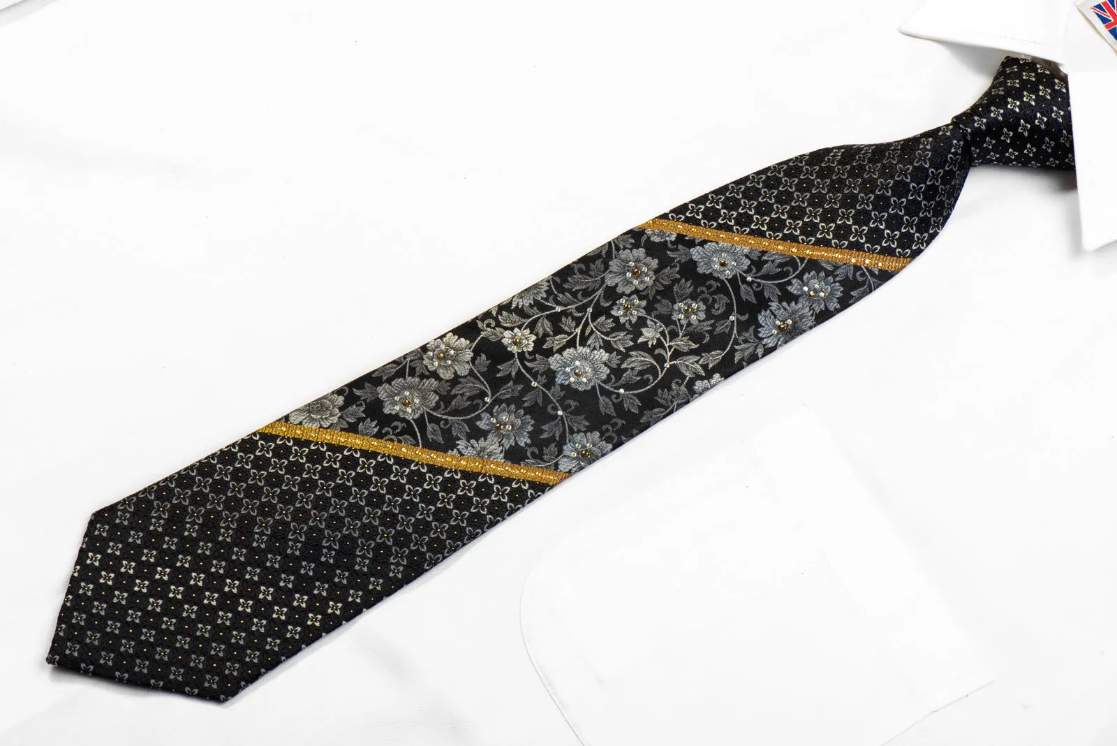 Vito Rufolo Crystal Rhinestone Silk Tie Silver Floral On Black With Gold Sparkles