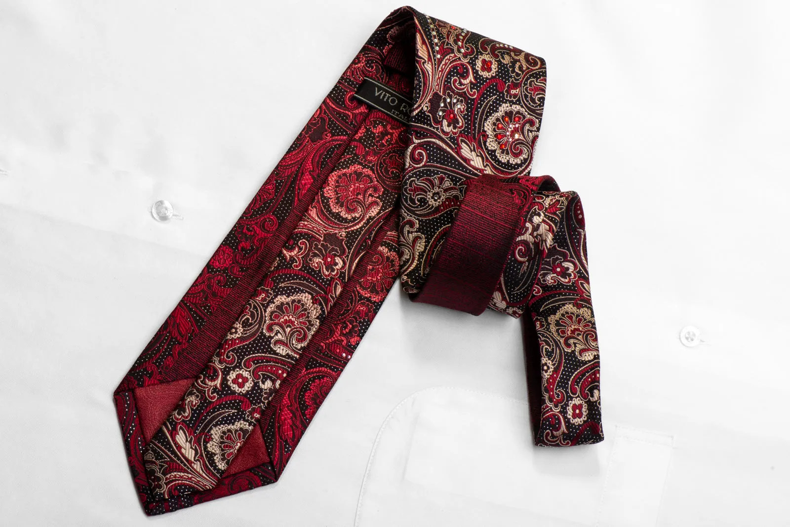 Vito Rufolo Rhinestone Silk Necktie Burgundy Anthemion Paisley On Black With Sparkles