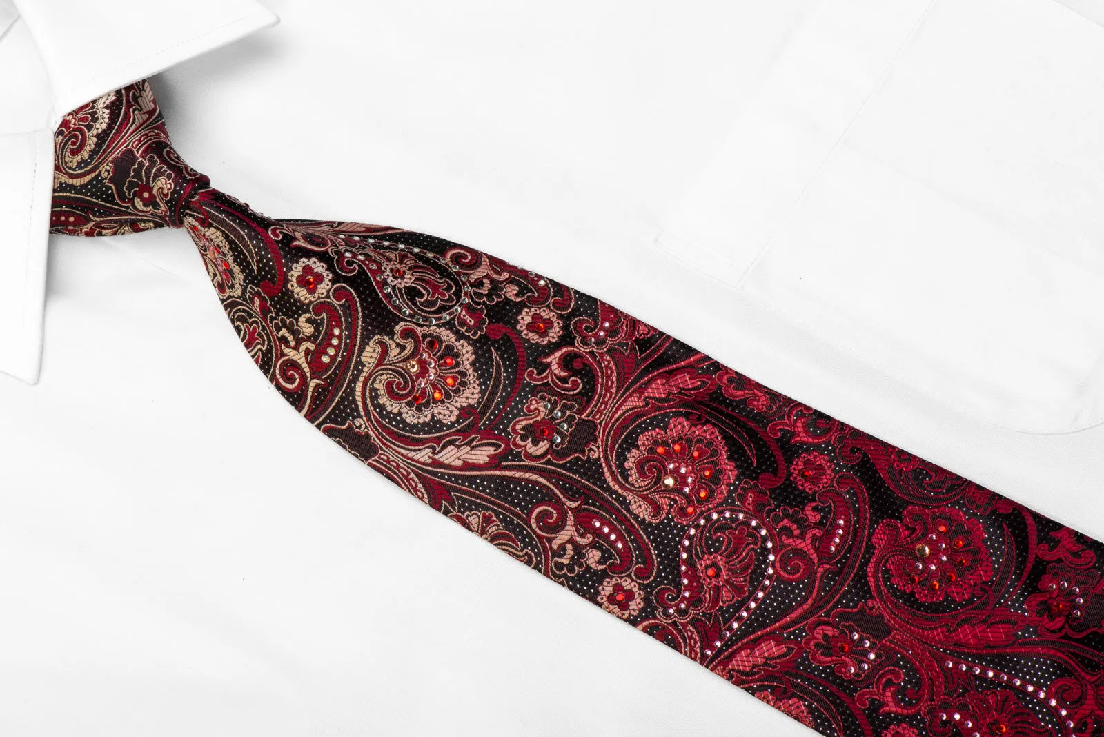 Vito Rufolo Rhinestone Silk Necktie Burgundy Anthemion Paisley On Black With Sparkles