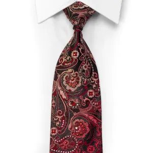 Vito Rufolo Rhinestone Silk Necktie Burgundy Anthemion Paisley On Black With Sparkles