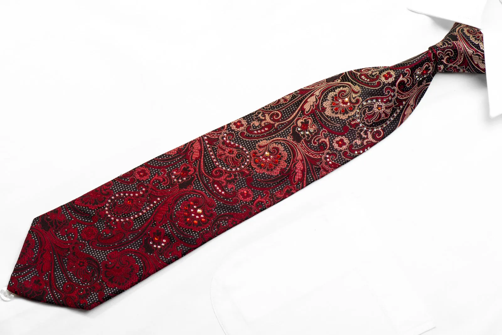 Vito Rufolo Rhinestone Silk Necktie Burgundy Anthemion Paisley On Black With Sparkles