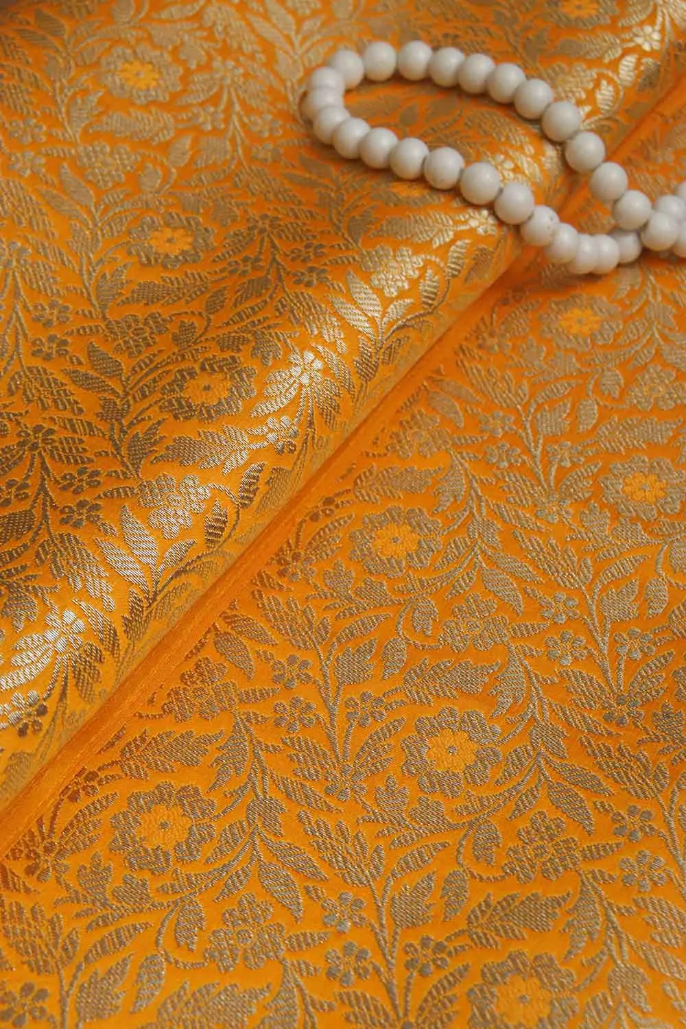 Yellow Banarasi Silk Satin Zari Brocade Fabric (1 Mtr): Luxurious Elegance for Your Creations