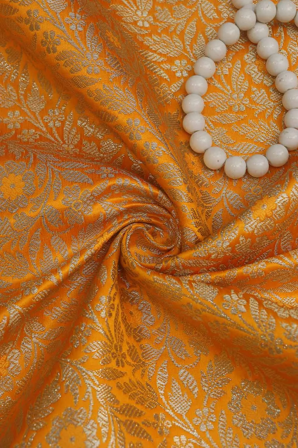 Yellow Banarasi Silk Satin Zari Brocade Fabric (1 Mtr): Luxurious Elegance for Your Creations