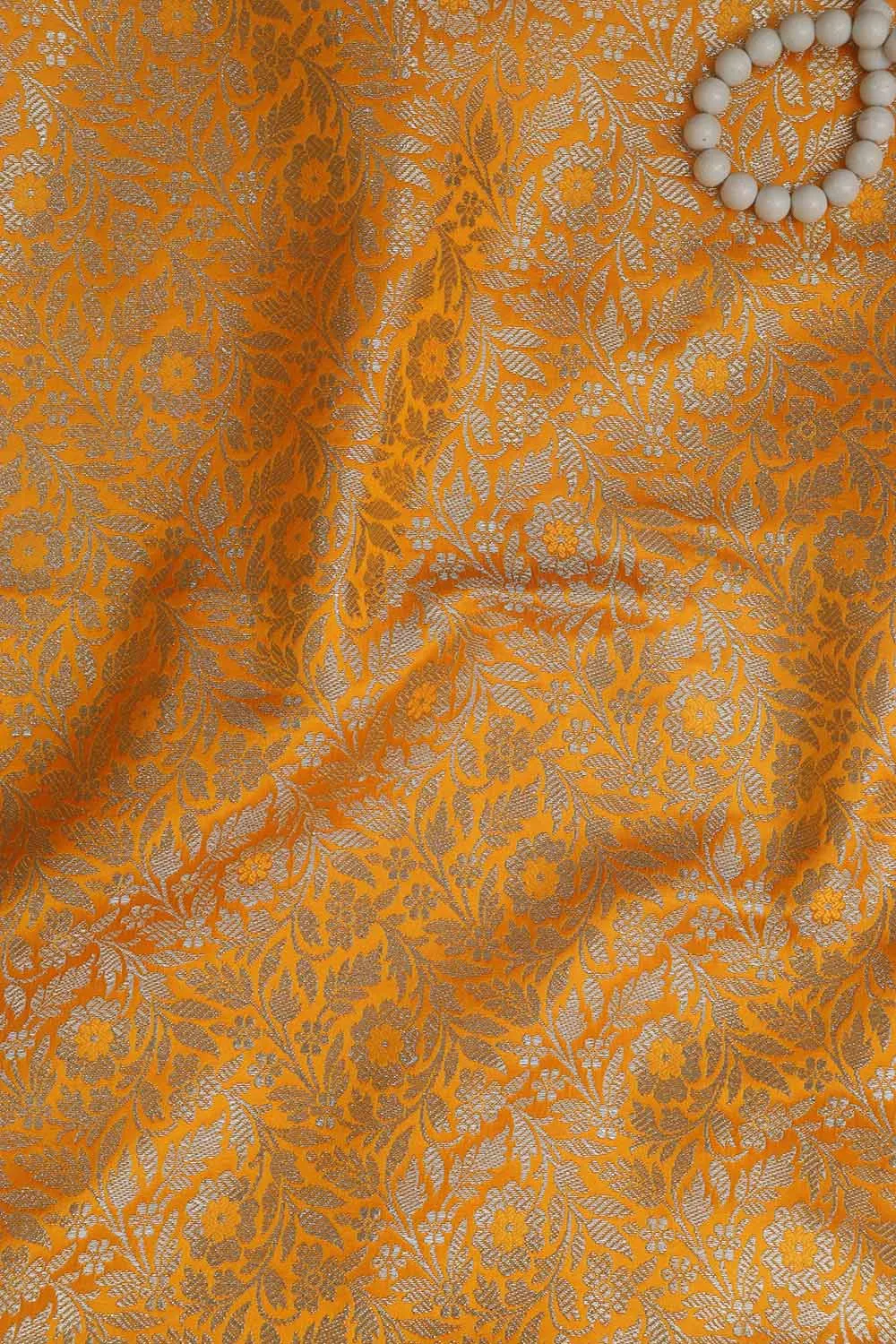 Yellow Banarasi Silk Satin Zari Brocade Fabric (1 Mtr): Luxurious Elegance for Your Creations